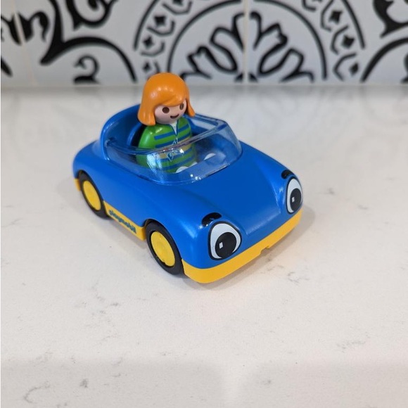 PLAYMOBIL 1.2.3 6758 MOM AND BLUE AND YELLOW CAR WITH HEAD LIGHT EYES - Picture 3 of 5